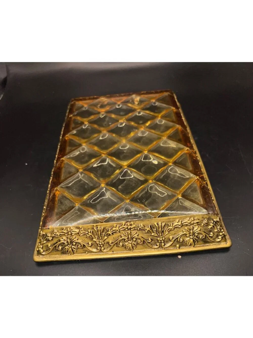 Vintage GoldTone Lucite Vanity Tray Quilted Diamond Pattern Ornate Floral Border